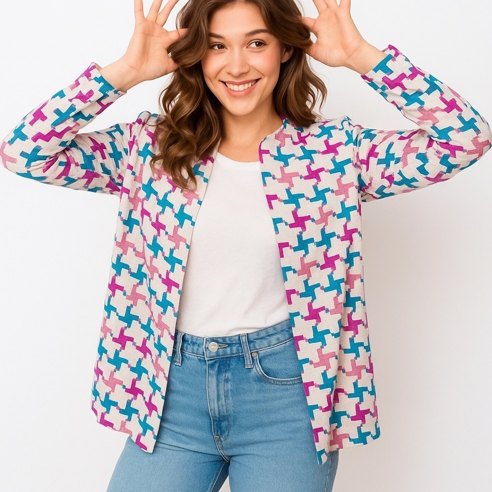 Vintage Anne Crimmins Women Umi Collections Colorful 80s 100% Silk Cardigan Sz 8